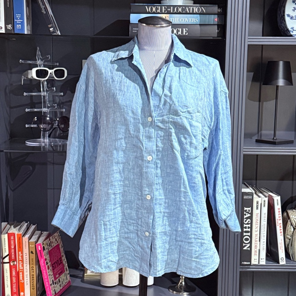 Madewell Shirred Linen Button-Up Shirt – Sunfaded Blue, Size M